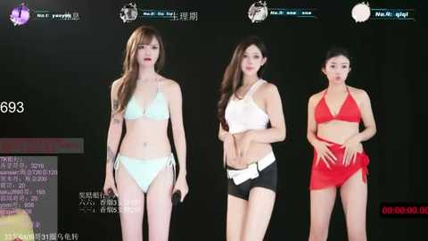 Video of three East Asian women in bikinis against a dark background. Left: pale skin, long brown hair, light blue bikini. Center: pale skin, long black hair, white bikini. Right: medium skin, dark hair, red bikini.