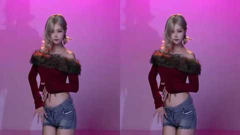 A digitally rendered image of an Asian woman with wavy blonde hair, wearing a deep red, off-shoulder top with a fur trim and distressed denim shorts, set against a vibrant pink background.