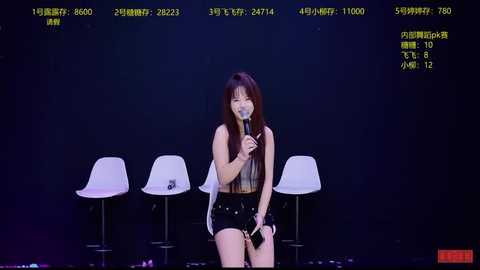 A video of an East Asian woman with long brown hair, wearing a sleeveless top and black shorts, singing into a microphone on a dimly lit stage with three white stools behind her.