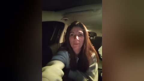 Video of a middle-aged woman with long, straight brown hair, wearing a blue and gray striped sweater, sitting in a dimly lit car interior, holding a phone.