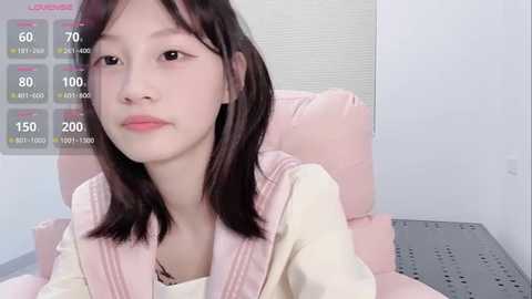 A video of an Asian woman with straight, shoulder-length black hair, wearing a pink and white striped shirt, sitting in a pastel pink chair in a minimalistic room.