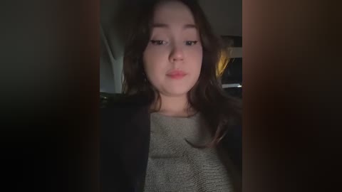 Media: Video of a young woman with fair skin, wavy dark hair, wearing a gray sweater, indoors with dim lighting.