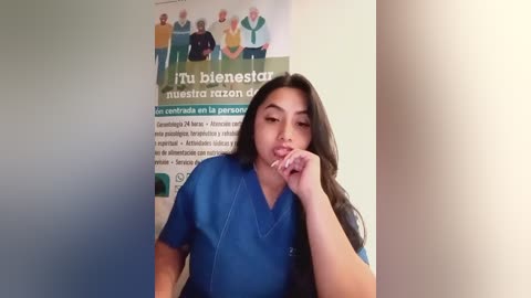 Video of a Latina woman with long, dark hair, wearing blue scrubs, standing in front of a beige wall with a Spanish-language informational poster about breast cancer.