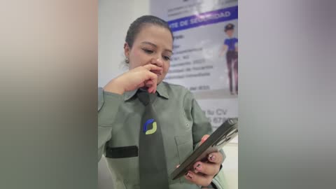 A video of a woman in a green uniform, with a blue and green emblem, reading a document. Background shows a blurred office setting with posters.