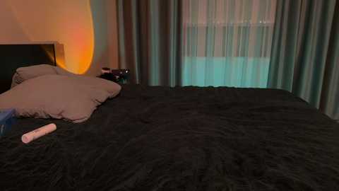 Video of a dimly lit bedroom with a black quilted bedspread, beige pillows, teal curtains, and a bedside lamp emitting a warm yellow glow.