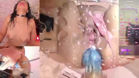 A video collage featuring a topless woman with wet hair, a black choker, and a pink strap-on dildo in a bathtub.