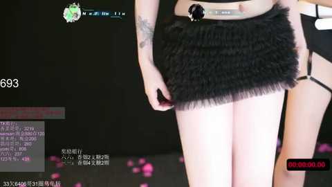 A video of a woman wearing a black, frilly skirt with a garter belt, standing against a dark background. The image is overlaid with a video game HUD, indicating her health and other stats.