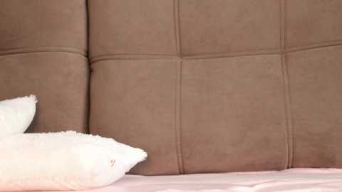 Video of a plush, taupe-colored, tufted headboard with a soft, velvety texture. A white pillow and a white throw blanket are visible in the foreground, creating a cozy, inviting atmosphere.