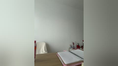 Video of a minimalist, clutter-free room with a white wall, a wooden chair, a white blanket, a table with a spiral notebook, and a desk organizer with pens and a red book.