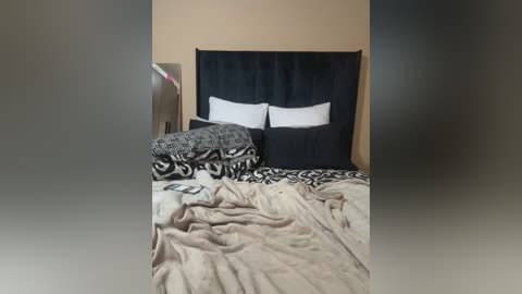 A video of a neatly made bed with a black headboard, white pillows, and a beige and black patterned comforter. A smartphone is placed on the bed. The room has beige walls.