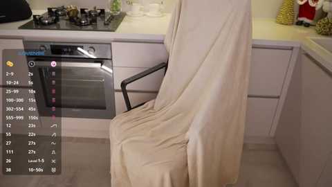 Video of a kitchen with a beige cloth covering a chair, a stainless steel oven, and a gas stove with a black hood, white cabinets, and a festive red and gold ornament on the counter.