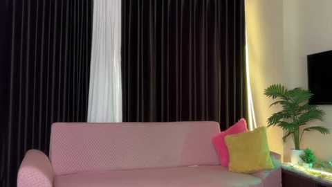 Video of a modern living room with a light pink sofa adorned with colorful pillows, black and white striped curtains, a potted plant, and a mounted TV.