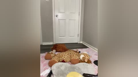 Video of a small, beige room with a white door, featuring a stuffed giraffe and lion lying on a pink and white patterned rug.