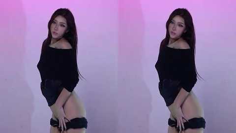 Media: Video of an East Asian woman with long black hair, wearing a black off-shoulder top and beige shorts, standing against a gradient pink and purple background.