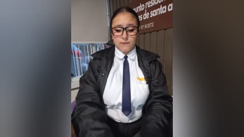 Video of a middle-aged woman with glasses, wearing a black jacket, white shirt, and navy tie, seated in a restaurant. The background includes a window and a sign in Spanish.