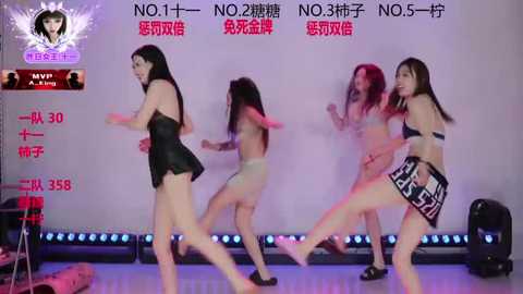 Video of three young Asian women in provocative poses, wearing lingerie, against a white wall with Chinese text and red lighting.