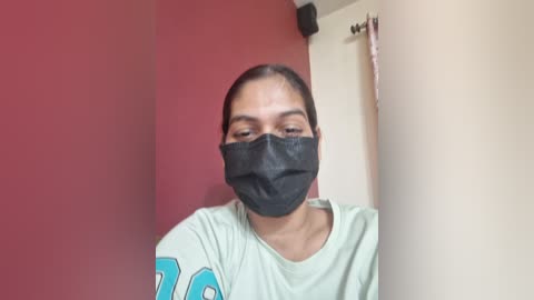 A video of a young woman with a medium complexion, dark hair, and a black face mask, wearing a light green t-shirt with a partially visible number on the sleeve, standing in a room with red and beige walls.