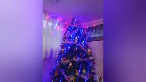 Video of a decorated Christmas tree with blue and red LED lights, adorned with ornaments, standing in a room with soft purple lighting, white curtains, and framed artwork on the wall.