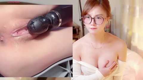 A video juxtaposes a close-up of a black dildo inserted into a vulva and a woman with glasses and bare breasts.
