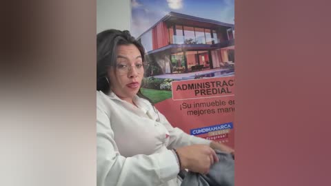 Video of a woman with long black hair and fair skin, wearing a white shirt, seated in front of a real estate advertisement for a house.