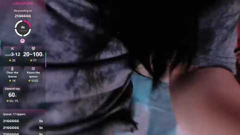 Video of a woman in a dark, textured outfit, possibly a jacket, with a blurred background. A digital screen with streaming and social media statistics is overlaid on the left.