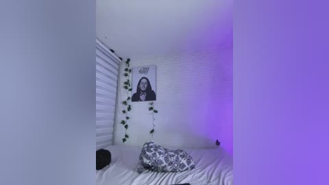 A dimly lit, minimalist bedroom with white walls, a black and white poster of a bearded man, green ivy, and a grey and white patterned pillow on a bed.