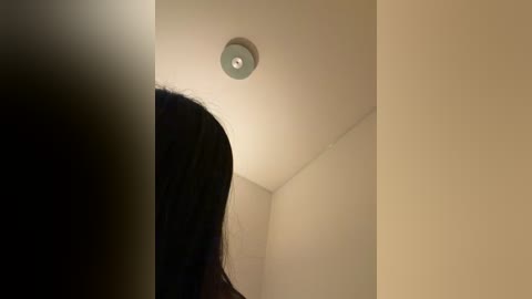 Video of a dimly lit hallway with beige walls, a black curtain, and a single round light fixture above, casting a soft glow. The image is slightly blurred and out of focus.