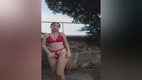 Media: Video of an Asian woman with medium build, wearing red lingerie, standing outdoors by a fence. She has a relaxed expression and is partially obscured by a blurry, out-of-focus object on the left.