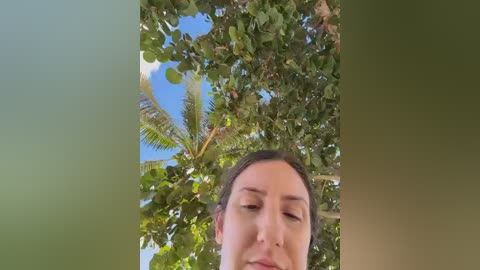 Video of a young woman with fair skin and dark hair, looking up through dense green leaves and a partially visible palm tree under a clear blue sky.