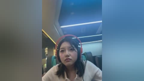 Media: A video of a young Asian woman with shoulder-length dark hair, wearing a red headband and a beige sweater, sitting in a modern, brightly-lit airplane cabin with blue and white lighting.
