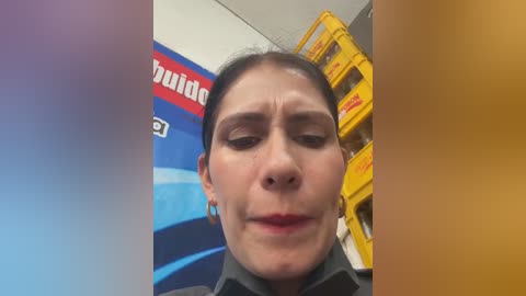 Video of a woman with light skin, dark hair, and red lipstick, standing in a retail setting with a blue and white advertisement backdrop and yellow ladders. She looks serious and is wearing a dark jacket.