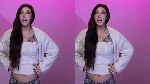 Video of a young Asian woman with long black hair, wearing a white jacket and patterned pants, posing confidently against a gradient purple background.