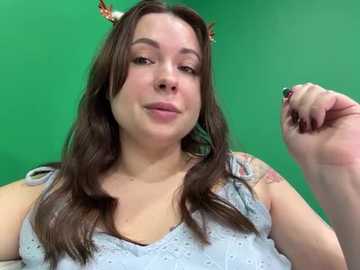 Video of a fair-skinned, brown-haired woman with a playful expression, wearing a light blue, patterned dress, with green background.