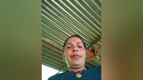 Video of a smiling young woman with light skin and dark hair, wearing a blue shirt, standing under a corrugated metal roof with a bright orange object in her right hand.