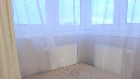 Video of a bright, airy room with sheer white curtains covering large windows, diffusing natural light. A beige radiator is visible beneath the curtains. The room is sparsely decorated, emphasizing a minimalist aesthetic.