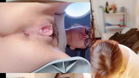 A close-up video of a woman's exposed vulva being sucked by a large blue vacuum cleaner in a bedroom setting.