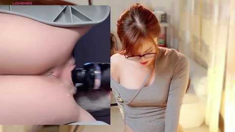 Video of a woman with glasses and a grey top, looking down at a black camera lens being inserted into a clear plastic device, held by another person's hand.