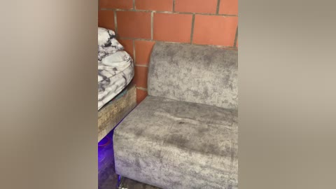 Video of a cozy, dimly lit room with a soft, gray velvet armchair against a brick wall. A white and black patterned blanket is folded on a wooden table beside the chair.