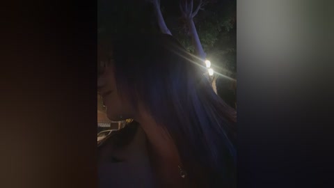 Video of a woman with long dark hair, illuminated by a flashlight, taken at night, showing a side profile with her arm raised, wearing a dark top. Background is dimly lit with shadows.