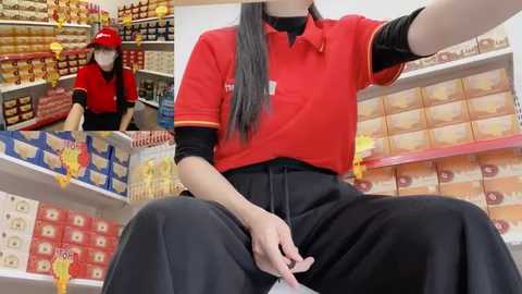 Video of a supermarket aisle featuring a woman in a red polo shirt and black pants, taking a selfie. Two male employees in red uniforms and masks are visible in the background.