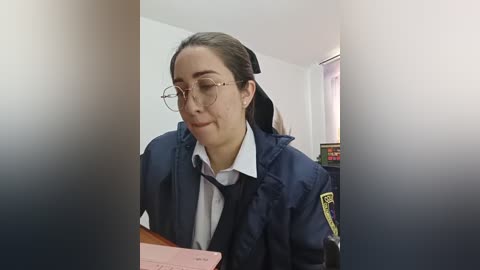 Video of a smiling, light-skinned woman with glasses, wearing a navy-blue police uniform and tie, holding pink papers. Background shows a white wall, window, and blurred office items.