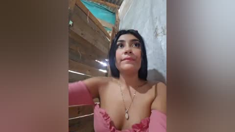Video of a Latina woman with medium skin tone and long black hair, wearing a pink off-shoulder top, standing in a rustic wooden room with exposed beams and a turquoise tarp.