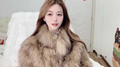 Video of a young Asian woman with long, straight brown hair, wearing a luxurious, brown faux fur coat. She is seated on a white, tufted chair in a minimalist, white-walled room with a colorful, patterned cushion beside her.