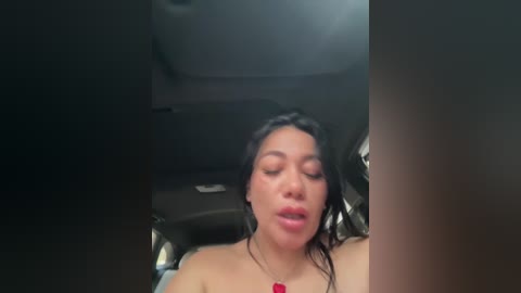 A video of a nude woman with wet, dark hair, wearing a red necklace, sitting in a car, eyes closed, mouth open, and expression serene.