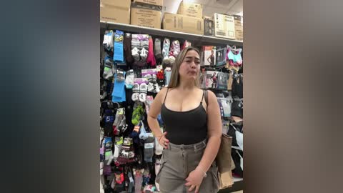 Video of a plus-sized woman with light skin, long blonde hair, and a black tank top, shopping in a crowded clothing store with numerous colorful garments on racks in the background.