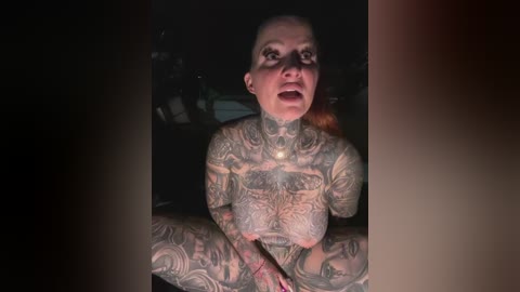 Video of a nude, heavily tattooed white woman with long red hair, seated with legs spread. She has intricate, detailed tattoos covering her entire body, including her chest and arms. The background is dark and indistinct.