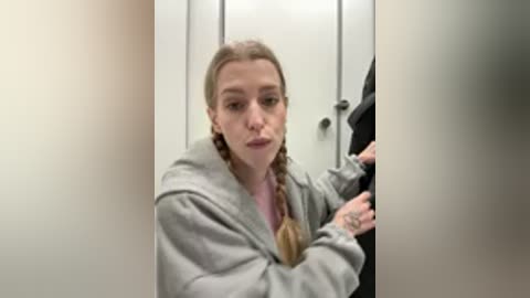 Video of a young woman with long blonde braids, wearing a gray hoodie, and a tattoo on her wrist, peering through a blurred doorway in a dimly lit hallway.