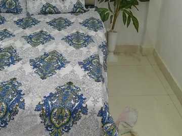 A video of a neatly made bed with a white and blue paisley-patterned bedspread and matching pillows, set against a plain white wall. A potted plant stands beside the bed on the right, on a light beige tiled floor.