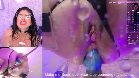 Video collage featuring a woman with wet hair and glasses, topless, wearing a choker, and a man's buttocks with a blue butt plug inserted, both in a sexual context.