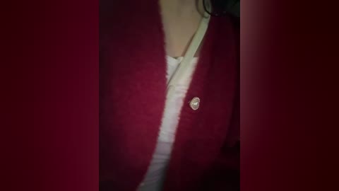 Video of a close-up of a person wearing a red blazer with a white shirt underneath. The focus is on the chest area, with the blazer slightly open. The background is blurred and dark.